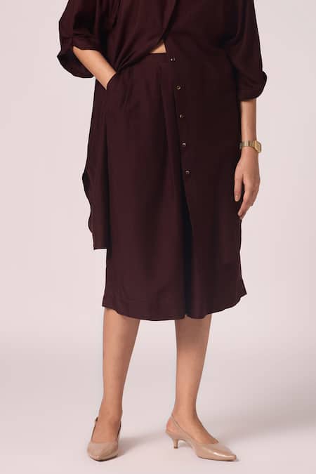 The Summer House_Wine Silk Mandarin Collar Braboune Shirt Tunic _at_Aza_Fashions