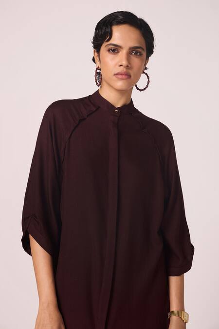 Buy_The Summer House_Wine Silk Mandarin Collar Braboune Shirt Tunic 