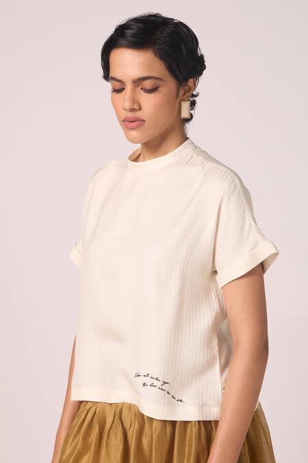 Buy_The Summer House_Cream Silk, Twill Embroidery High Neck, Collared Rayya Placed Top _Online_at_Aza_Fashions