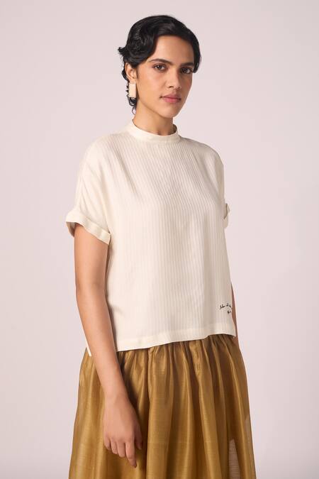 Shop_The Summer House_Cream Silk, Twill Embroidery High Neck, Collared Rayya Placed Top _Online_at_Aza_Fashions