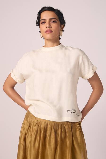 The Summer House_Cream Silk, Twill Embroidery High Neck, Collared Rayya Placed Top _at_Aza_Fashions