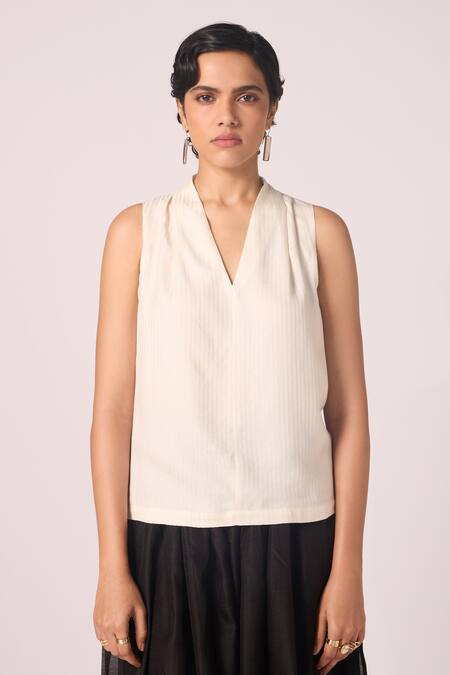 Shop_The Summer House_Cream Silk, Twill V-neck Lumas Sleeveless Solid Top _Online_at_Aza_Fashions
