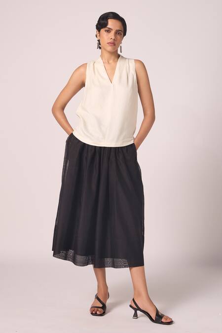 The Summer House_Cream Silk, Twill V-neck Lumas Sleeveless Solid Top _at_Aza_Fashions