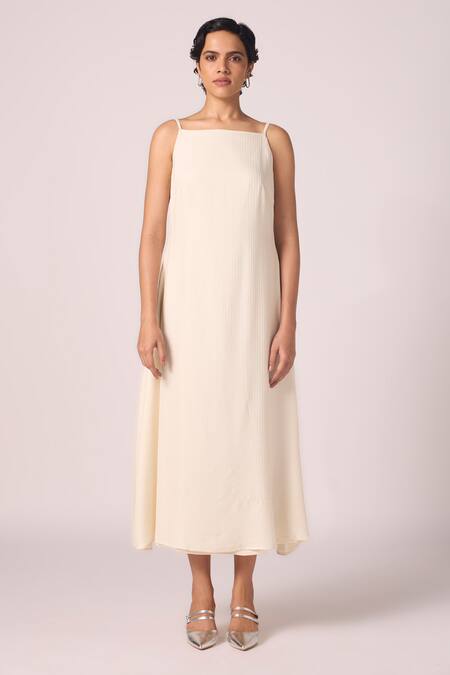 The Summer House_Cream Silk, Twill Square Neck, Spica Off White Slip Dress _Online_at_Aza_Fashions
