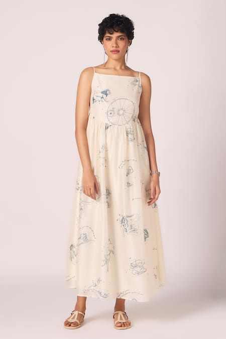 The Summer House Off White Chanderi Square Neck Mizar Zodiac Print Handwoven Fit And Flared Dress Online at Aza Fashions The Summer House_Off White Chanderi Square Neck Mizar Zodiac Print Handwoven Fit And Flared Dress _Online_at_Aza_Fashions