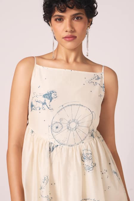 Shop The Summer House Off White Chanderi Square Neck Mizar Zodiac Print Handwoven Fit And Flared Dress Online at Aza Fashions Shop_The Summer House_Off White Chanderi Square Neck Mizar Zodiac Print Handwoven Fit And Flared Dress _Online_at_Aza_Fashions