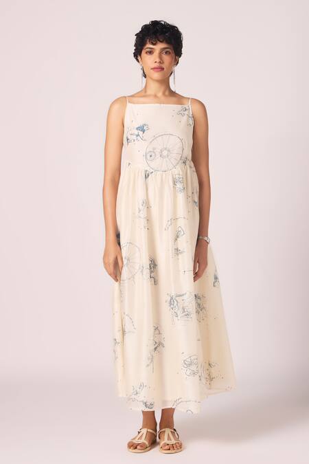 The Summer House Off White Chanderi Square Neck Mizar Zodiac Print Handwoven Fit And Flared Dress at Aza Fashions The Summer House_Off White Chanderi Square Neck Mizar Zodiac Print Handwoven Fit And Flared Dress _at_Aza_Fashions