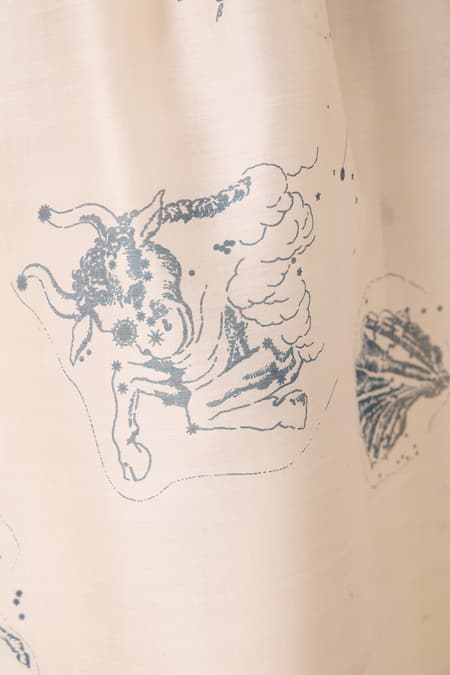 Shop The Summer House Off White Chanderi Square Neck Mizar Zodiac Print Handwoven Fit And Flared Dress Shop_The Summer House_Off White Chanderi Square Neck Mizar Zodiac Print Handwoven Fit And Flared Dress