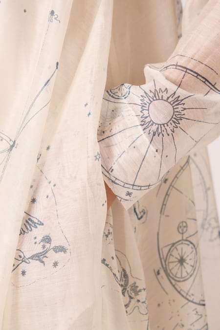 The Summer House_Off White Chanderi Collared Cheryl Zodiac Print Handwoven Midi Dress _Online_at_Aza_Fashions