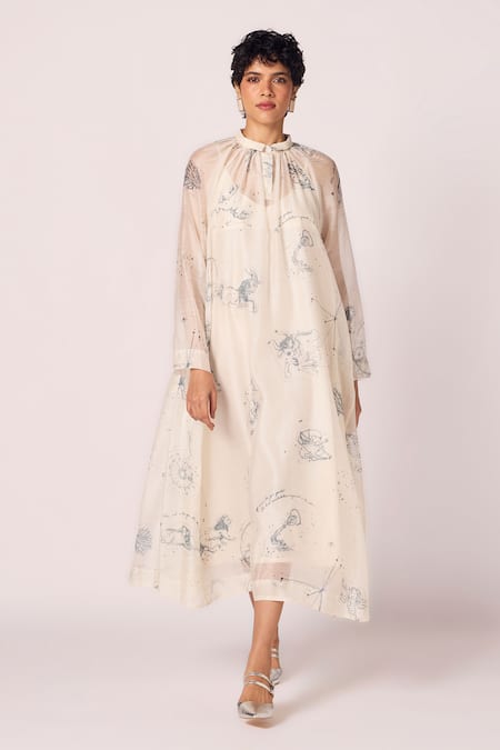 Buy_The Summer House_Off White Chanderi Collared Cheryl Zodiac Print Handwoven Midi Dress _Online_at_Aza_Fashions