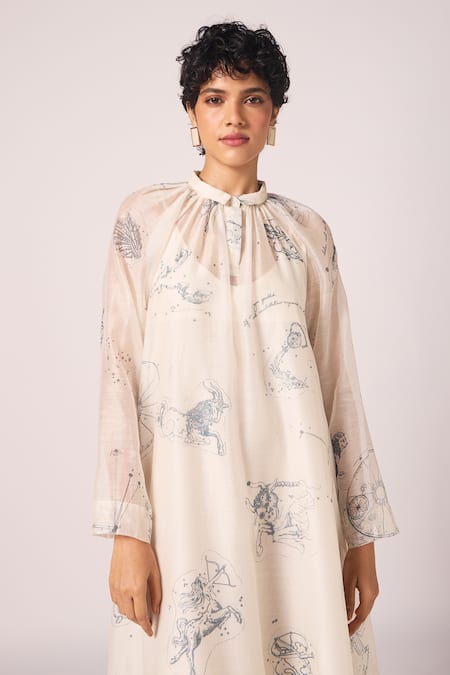 Shop_The Summer House_Off White Chanderi Collared Cheryl Zodiac Print Handwoven Midi Dress _Online_at_Aza_Fashions