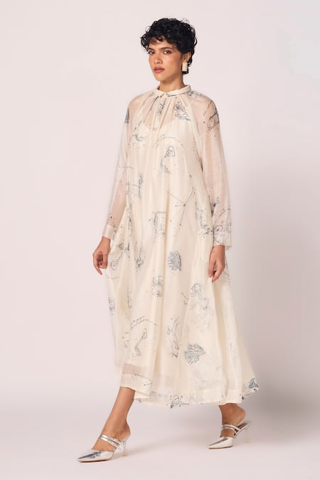 The Summer House_Off White Chanderi Collared Cheryl Zodiac Print Handwoven Midi Dress _at_Aza_Fashions