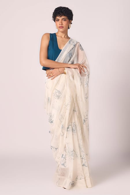 The Summer House Saiph Zodiac Motif Print Handwoven Saree