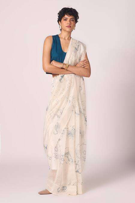 The Summer House_Off White Chanderi Foil Printing Saiph Zodiac Motif Handwoven Saree _Online_at_Aza_Fashions