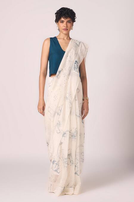 Buy_The Summer House_Off White Chanderi Foil Printing Saiph Zodiac Motif Handwoven Saree _Online_at_Aza_Fashions