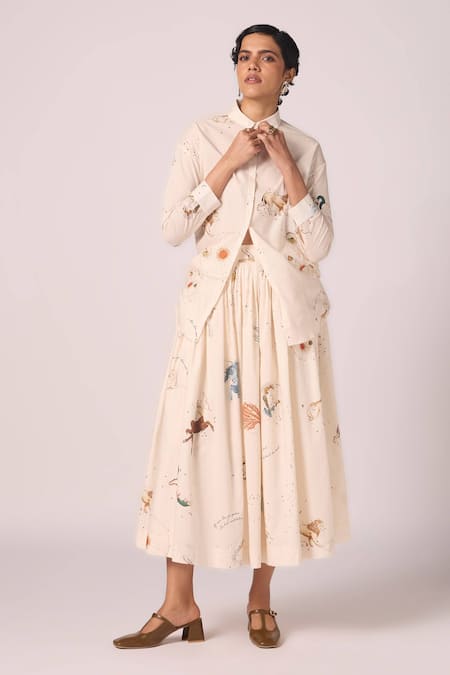 The Summer House_Cream Cambric, Cotton Collared Joyce Zodiac Print Shirt _at_Aza_Fashions