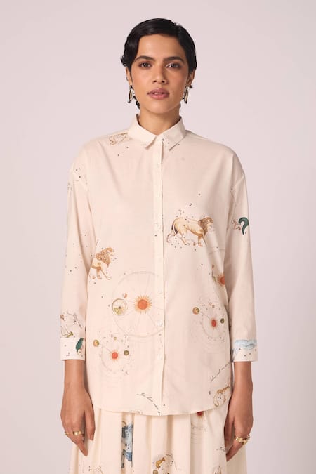 Buy_The Summer House_Cream Cambric, Cotton Collared Joyce Zodiac Print Shirt 