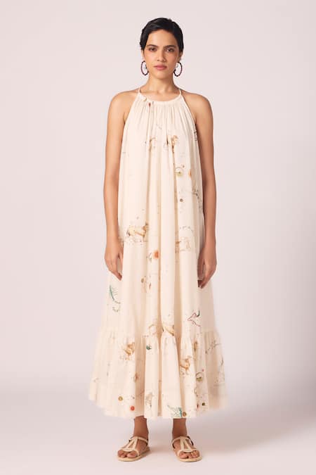 The Summer House_Cream Cambric, Cotton Halter Neck Naiara Zodiac Print Dress _Online_at_Aza_Fashions