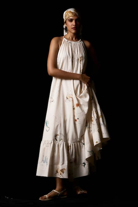 Buy_The Summer House_Cream Cambric, Cotton Halter Neck Naiara Zodiac Print Dress _Online_at_Aza_Fashions