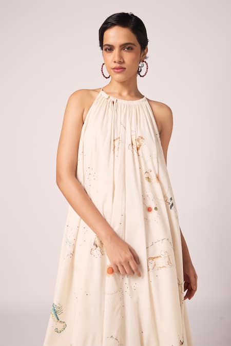 Shop_The Summer House_Cream Cambric, Cotton Halter Neck Naiara Zodiac Print Dress _Online_at_Aza_Fashions