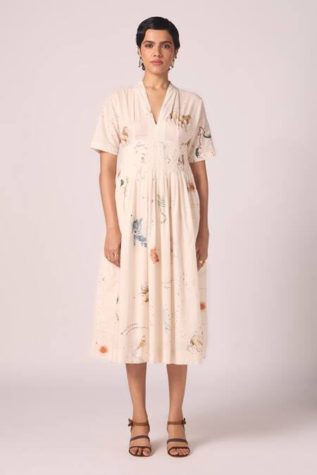 Shop The Summer House Cream Cambric, Cotton V-neck Aara Zodiac Print Pleated Midi Dress Online at Aza Fashions Shop_The Summer House_Cream Cambric, Cotton V-neck Aara Zodiac Print Pleated Midi Dress _Online_at_Aza_Fashions