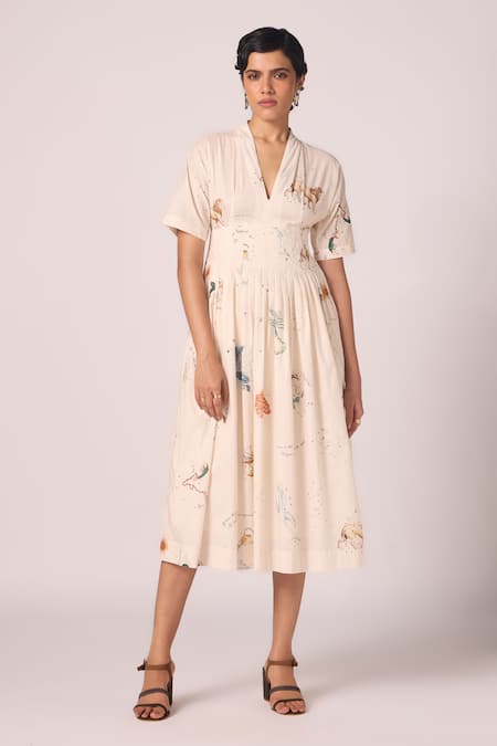 The Summer House Aara Zodiac Print Pleated Midi Dress 