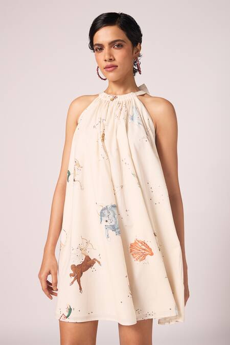 Shop_The Summer House_Cream Cambric, Cotton Halter Neck Chica Zodiac Print Short Dress _Online_at_Aza_Fashions
