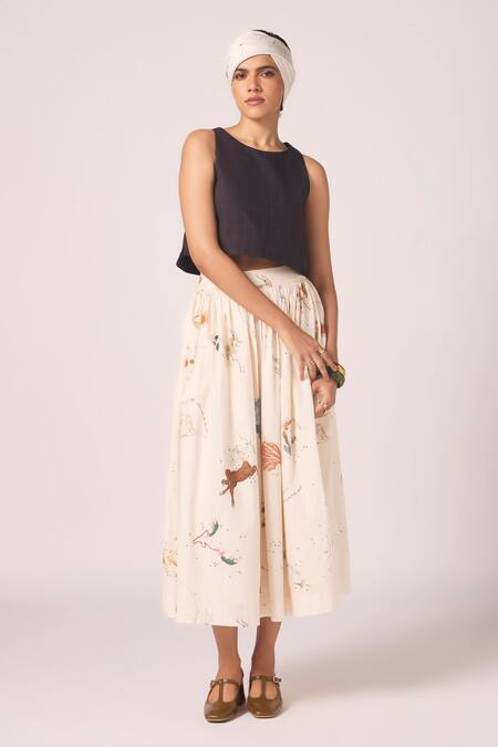 The Summer House_Cream Cambric, Cotton Maud Zodiac Print Midi Skirt _Online_at_Aza_Fashions