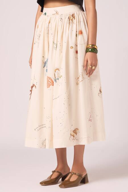 Buy_The Summer House_Cream Cambric, Cotton Maud Zodiac Print Midi Skirt _Online_at_Aza_Fashions