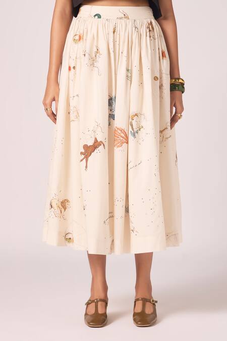 Buy_The Summer House_Cream Cambric, Cotton Maud Zodiac Print Midi Skirt 