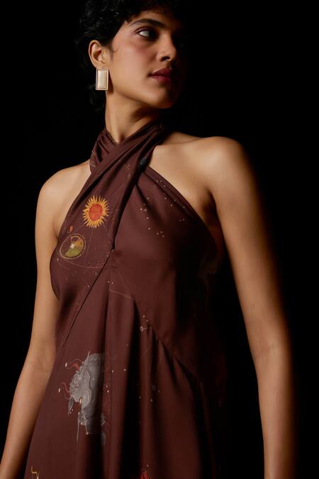 Buy_The Summer House_Brown Tencel Halter Neck Vannam Zodiac Print Dress _Online_at_Aza_Fashions