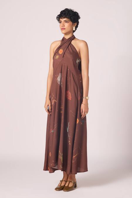 Shop_The Summer House_Brown Tencel Halter Neck Vannam Zodiac Print Dress _Online_at_Aza_Fashions