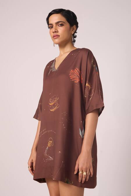 The Summer House_Brown Tencel V-neck Stad Zodiac Print Shift Dress _Online_at_Aza_Fashions