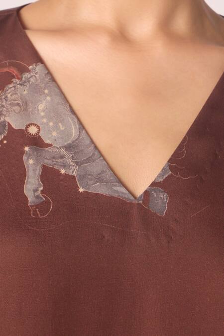 The Summer House_Brown Tencel V-neck Stad Zodiac Print Shift Dress _at_Aza_Fashions