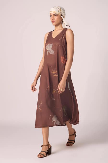 The Summer House_Brown Tencel V-neck Saira Zodiac Print Midi Dress _Online_at_Aza_Fashions