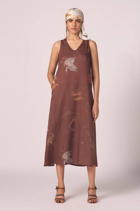 Buy_The Summer House_Brown Tencel V-neck Saira Zodiac Print Midi Dress _Online_at_Aza_Fashions