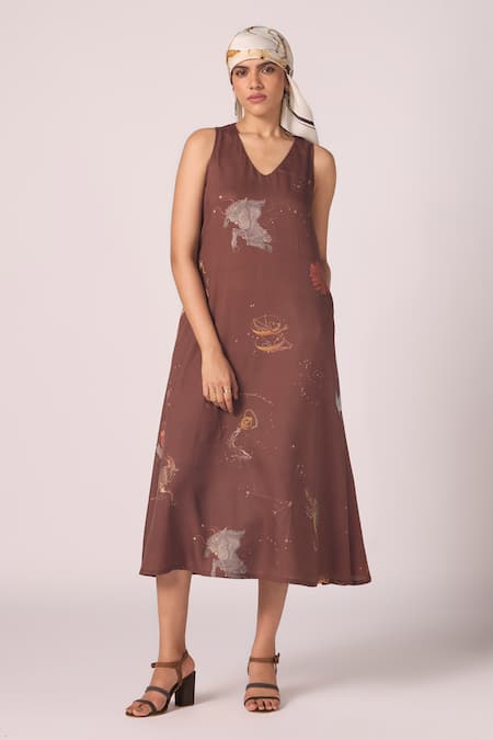 The Summer House Saira Brown Zodiac Print Midi Dress
