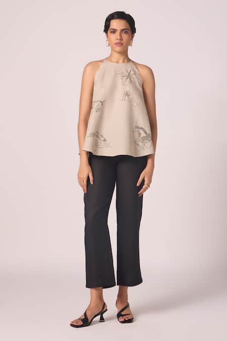 The Summer House_Beige Linen Embroidery Halter Neck Maarah Top _Online_at_Aza_Fashions