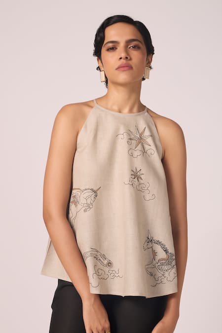 The Summer House Maarah Linen Embroidered Halter Top