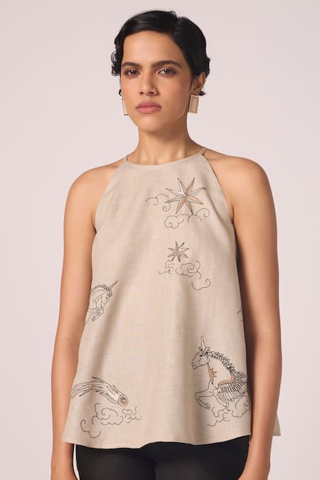 Buy_The Summer House_Beige Linen Embroidery Halter Neck Maarah Top _Online_at_Aza_Fashions