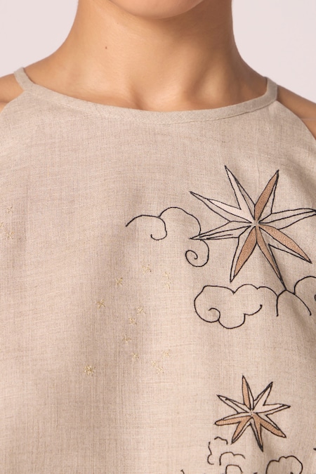Shop_The Summer House_Beige Linen Embroidery Halter Neck Maarah Top _Online_at_Aza_Fashions