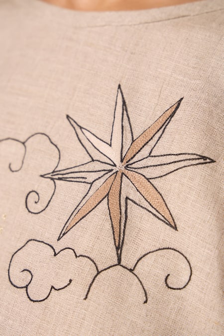 The Summer House_Beige Linen Embroidery Halter Neck Maarah Top _at_Aza_Fashions