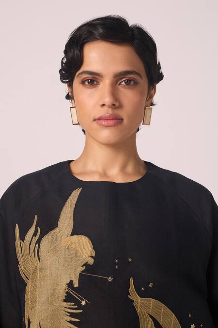 The Summer House_Black Linen, Cotton Embroidery, Applique Round Neck Roma Contrast Top _Online_at_Aza_Fashions