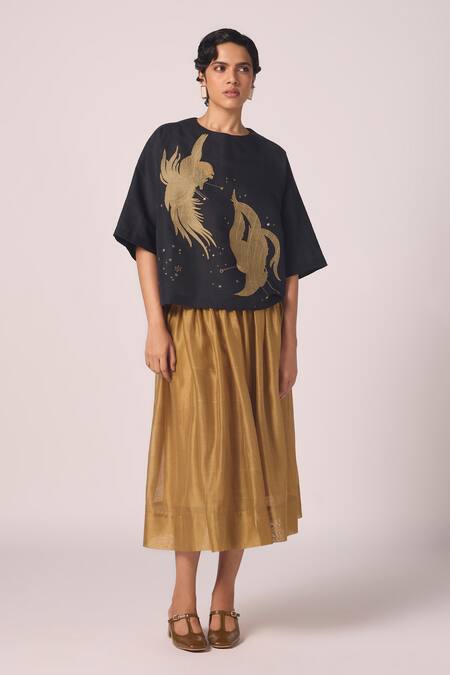 Buy_The Summer House_Black Linen, Cotton Embroidery, Applique Round Neck Roma Contrast Top _Online_at_Aza_Fashions