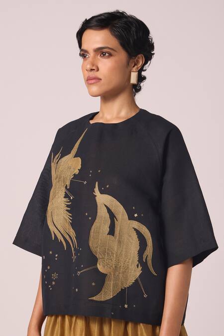 Buy_The Summer House_Black Linen, Cotton Embroidery, Applique Round Neck Roma Contrast Top 