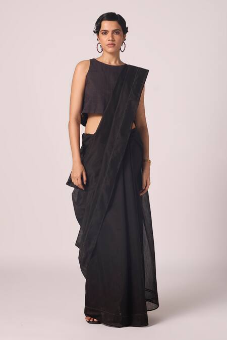 Shop_The Summer House_Black Cambric, Cotton Embroidery Round Neck Anna Quilted Crop Top _Online_at_Aza_Fashions