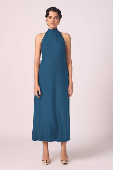 The Summer House_Blue Silk, Twill Halter Neck Saros Solid Dress _Online_at_Aza_Fashions