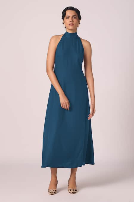 Shop_The Summer House_Blue Silk, Twill Halter Neck Saros Solid Dress _Online_at_Aza_Fashions
