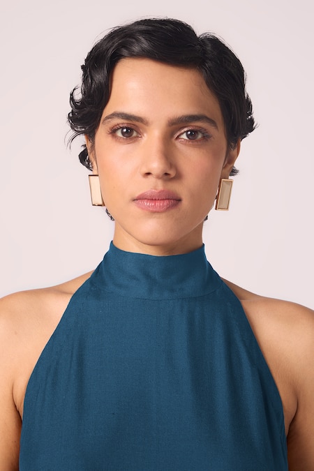 The Summer House_Blue Silk, Twill Halter Neck Saros Solid Dress _at_Aza_Fashions