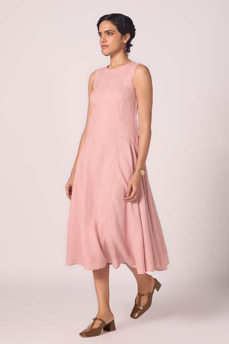 The Summer House_Pink Linen Round Neck Pyxis Rose Solid Midi Dress _Online_at_Aza_Fashions